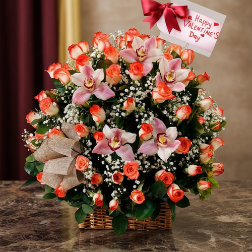 Basket of roses and orchids