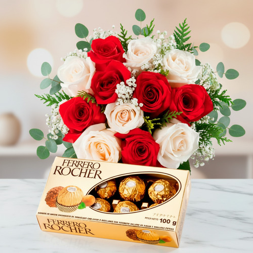 Ramo de rosas rojas y blancas con caja de chocolates Ferrero Rocher