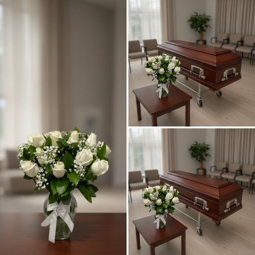Collage con ramo de rosas blancas en jarrón de cristal y ataúd de madera barnizada sobre carro metálico en una sala de velatorio con sillas y cortinas claras