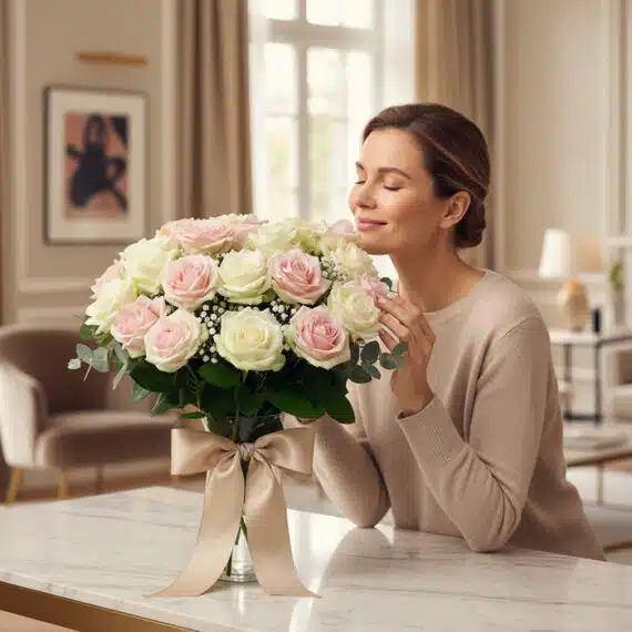 Mujer elegante y natural admirando y oliendo el Arreglo Floral Evelin, compuesto por 22 rosas blancas y rosadas, en un jarrón