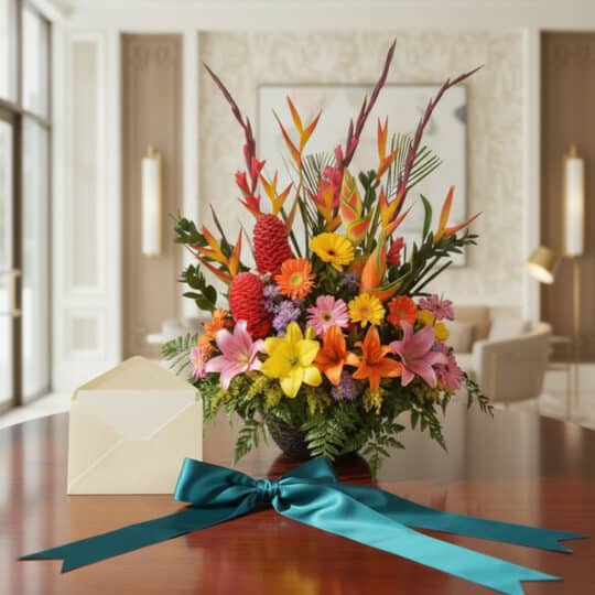 Arreglo floral exótico Fusión con heliconias, lirios, gerberas y follaje, presentado en un entorno de lujo con luz natural.
