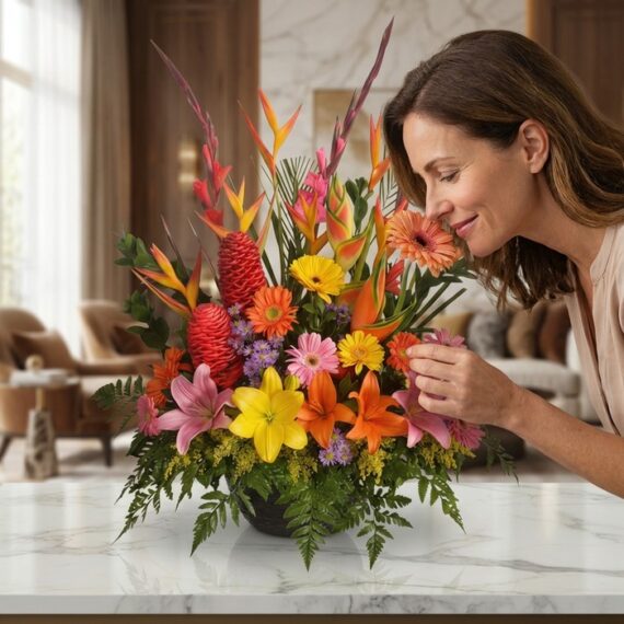 Mujer elegante y natural admirando y oliendo un Arreglo Floral Exótico Fusión con flores tropicales vibrantes en un hogar de