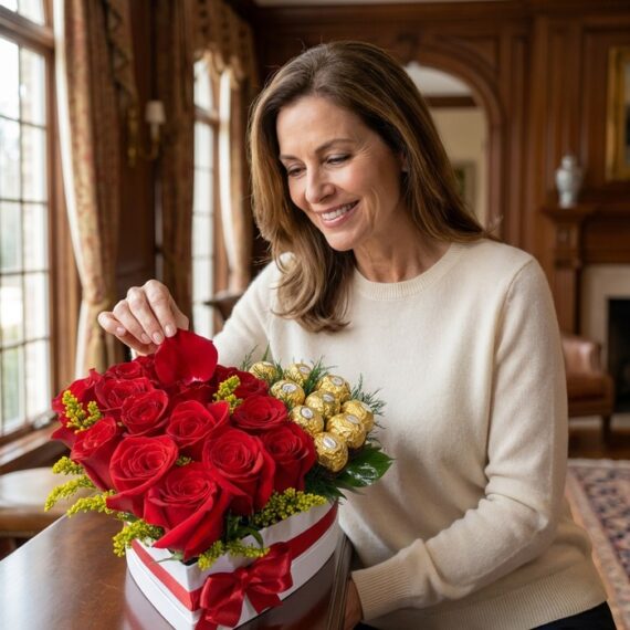 Mujer elegante admirando un Arreglo Floral Exótico Secreto en forma de corazón con rosas rojas, follaje amarillo y chocolates