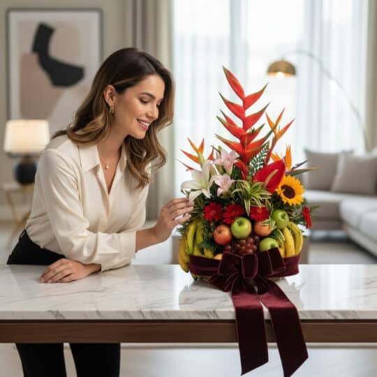 Mujer elegante admirando con deleite un Arreglo Floral con Frutas Eclipse, destacando flores exóticas, lirios, girasoles y fr