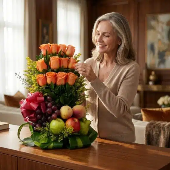 Mujer elegante de mediana edad admirando un arreglo floral con rosas naranjas, uvas, manzanas y peras, en un lujoso interior