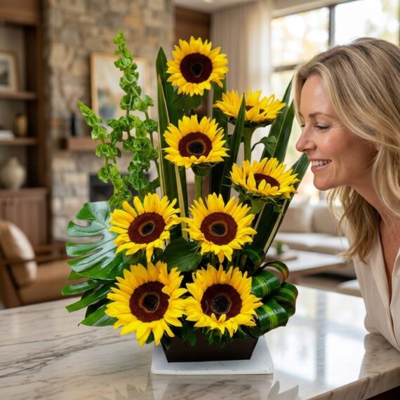 Mujer rubia de mediana edad sonriendo y admirando de cerca un arreglo floral de girasoles Bengala en un interior de hogar luj