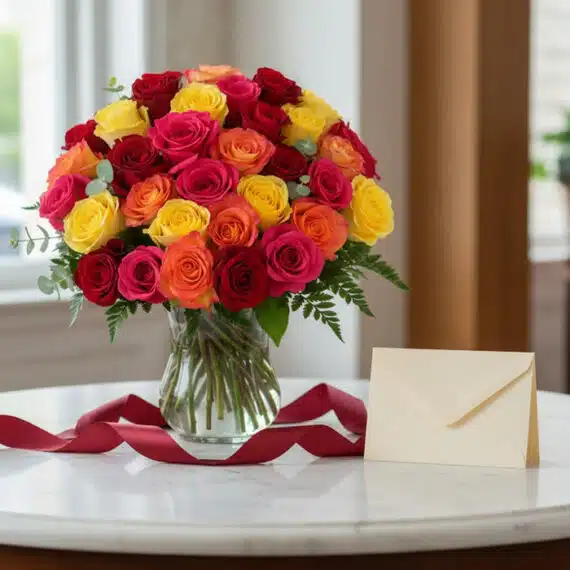 Arreglo floral MARIELLA con 36 rosas frescas multicolor (rojas, amarillas, naranjas, fucsias) en jarrón de cristal, con tarje