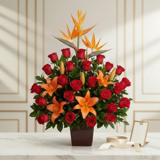 Impresionante arreglo floral 'Me Encantas' con rosas rojas, lirios naranjas y aves del paraíso, ideal para regalar en ocasion