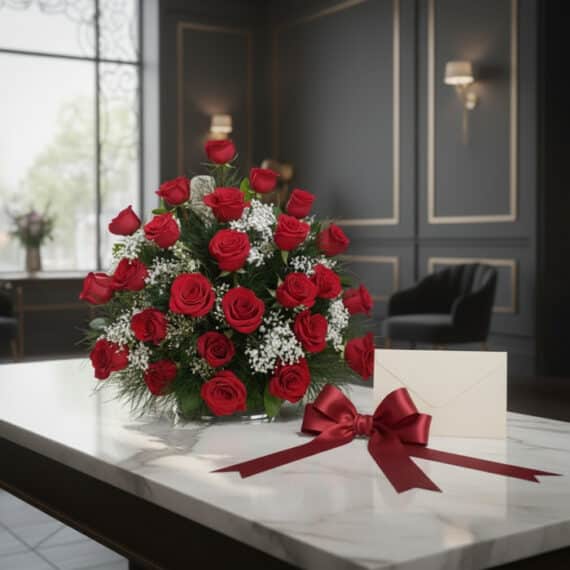 Arreglo floral de rosas rojas y follaje verde sobre mesa de mármol, con lazo de satén rojo y sobre elegante, en un ambiente d