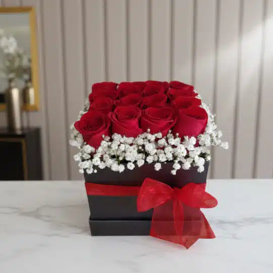 Arreglo floral Pétalos con rosas rojas frescas y gypsophila en una caja negra con lazo rojo, sobre mármol blanco en un entorn