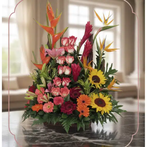 Arreglo Floral PIA: Rosas, Girasoles y Flores Exóticas para Regalar Arreglo floral PIA con rosas rosadas, girasoles, aves del paraíso y flores exóticas en un fondo elegante y luminoso.