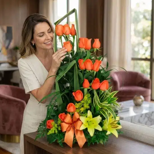 Mujer elegante de mediana edad admirando con deleite un arreglo floral Romeo con rosas naranjas, lirios amarillos y follaje v