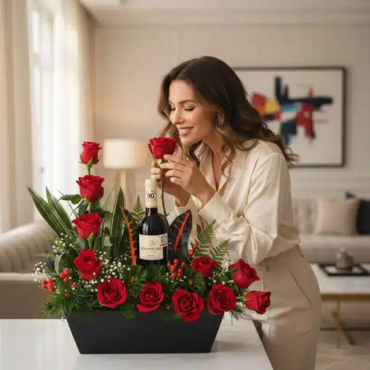 Mujer elegante oliendo una rosa roja de un arreglo floral CINZIA con 12 rosas rojas y una botella de vino, en un hogar de luj