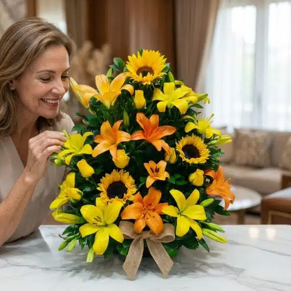 Mujer sonriente admirando de cerca un vibrante arreglo floral tropical con girasoles, lirios amarillos y naranjas, y un moño