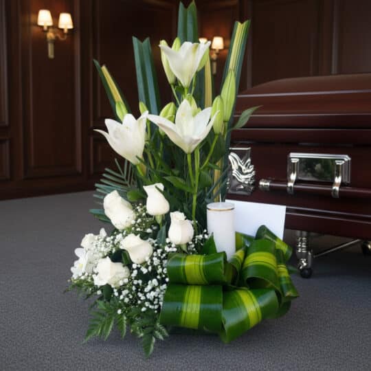 Arreglo floral fúnebre Claridad con lilas y rosas blancas, follaje verde, vela y tarjeta, junto a un ataúd en sala de velació
