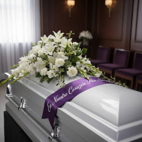 Arreglo floral cubre caja Asunción con lirios y claveles blancos, cinta morada con mensaje 'En Nuestro Corazón Por Siempre' e
