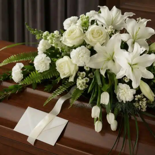 Arreglo fúnebre cubre caja Bondad con lirios, rosas y claveles blancos, follaje verde, cinta satinada y sobre de condolencias