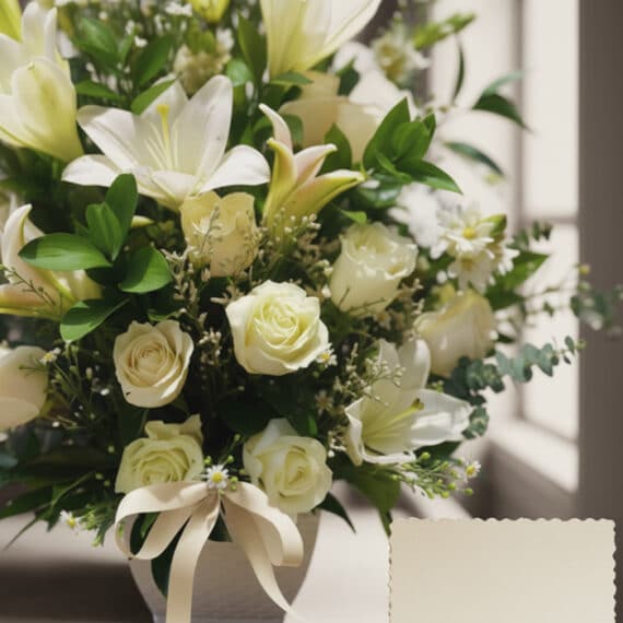 Fotografía macro premium de Arreglo Fúnebre Perpetuo con lirios y rosas blancas, follaje verde, rocío sutil y cinta satinada.