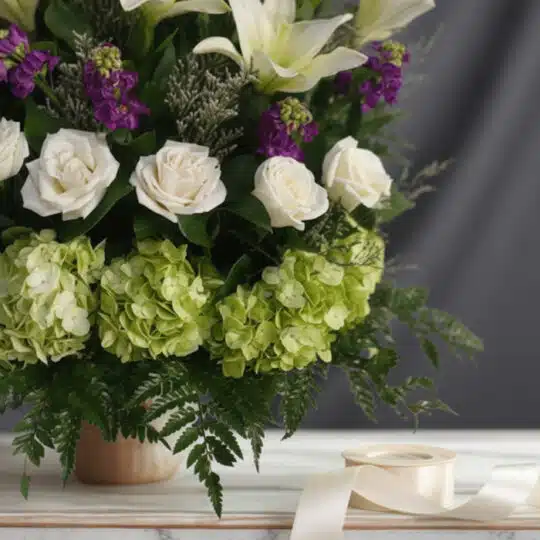 Fotografía macro premium del Arreglo Fúnebre Te Fuiste, mostrando texturas hiperrealistas de lirios, rosas blancas, hortensia