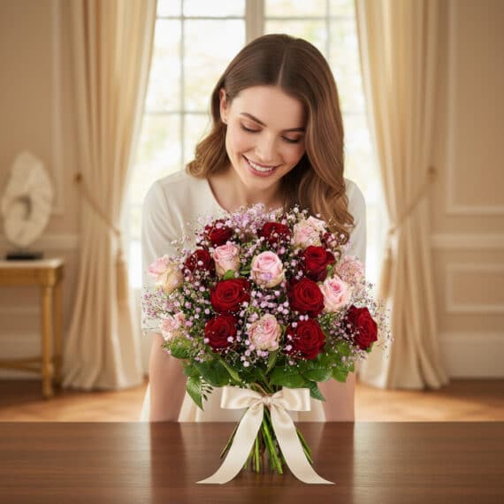 Mujer joven sonriendo y admirando un hermoso bouquet ELETRA de 20 rosas rojas y rosadas, atado con un lazo crema, sobre una m