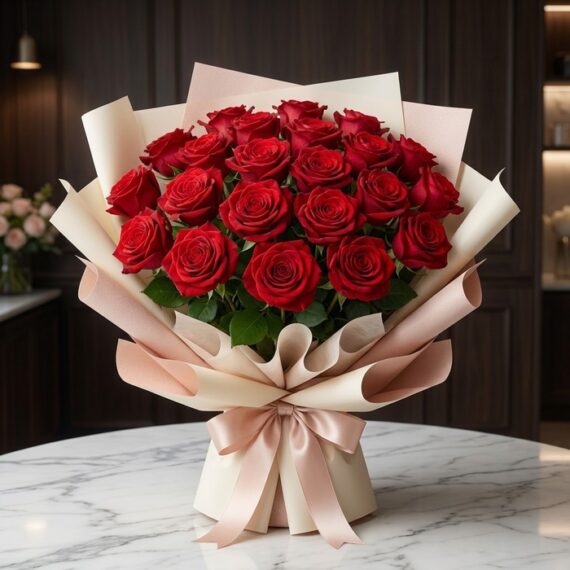 Bouquet MATILDE con 18 rosas rojas vibrantes, empaque coreano elegante en tonos crema y rosa, lazo de satén, sobre mesa de má