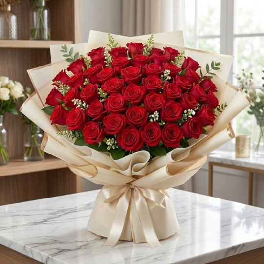 Impresionante Bouquet TIZIANA con 80 rosas rojas premium, empaque coreano elegante, sobre mármol, ideal para ecommerce de flo