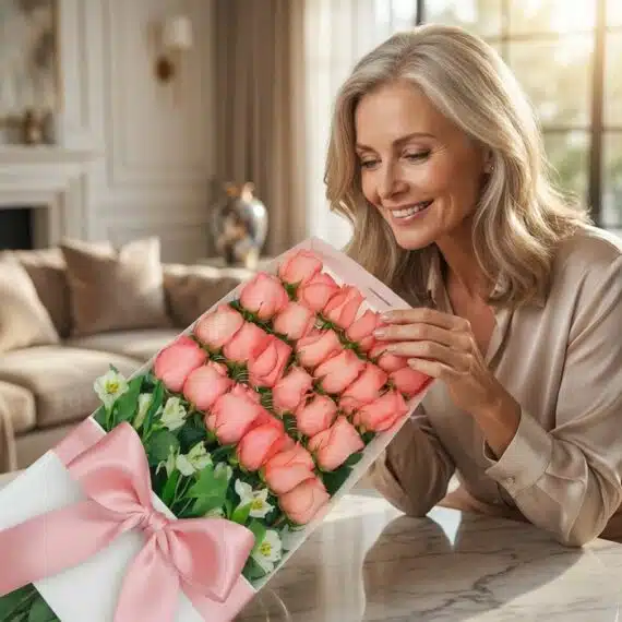 Mujer elegante de mediana edad admirando una caja blanca con 24 rosas rosadas frescas y un moño de seda rosa en un lujoso int