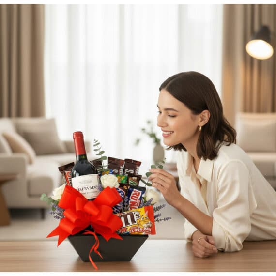 Mujer elegante admirando con deleite la Caja Amadea, un arreglo floral con vino, chocolates y rosas blancas en un hogar de lu