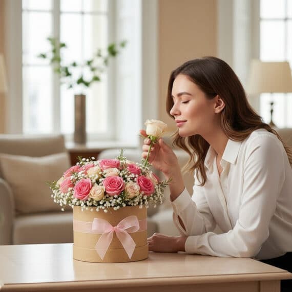 Mujer joven admirando y oliendo una rosa blanca de una Caja Floral GIADA con rosas rosadas y blancas, en un entorno de hogar