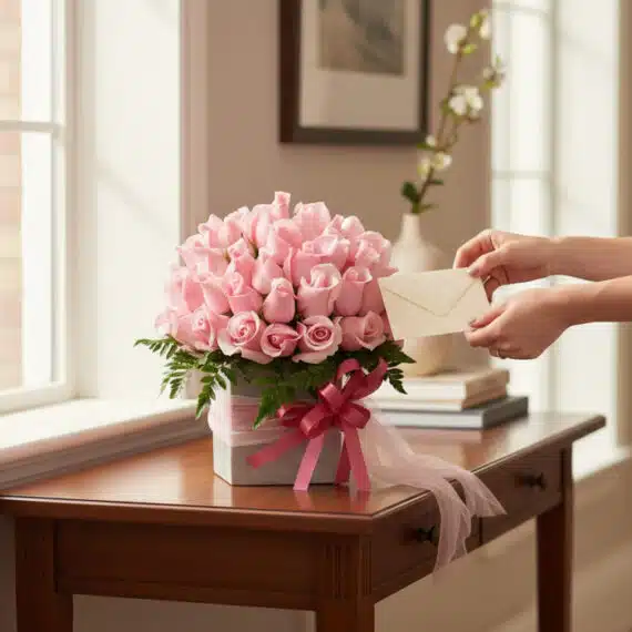 Manos delicadas colocando una tarjeta en una Caja Floral NADIA con 72 rosas rosadas, sobre una mesa de madera elegante en un