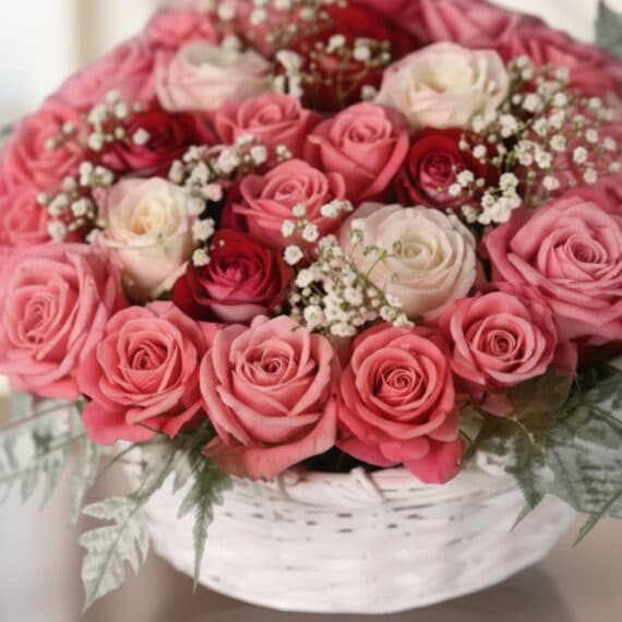 Primer plano extremo de la Cesta de Rosas Felicia, mostrando la textura hiperrealista de 21 rosas bicolor (rosas, rojas y bla