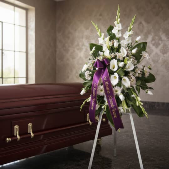 Corona fúnebre Homenaje Guadalupe con flores blancas, calas y gladiolos, sobre un trípode, con cinta morada de condolencia, j