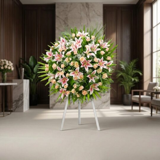 Corona fúnebre Luz Eterna con nombre Ethan, arreglo floral premium de lirios y rosas en tonos pastel, sobre un caballete blan