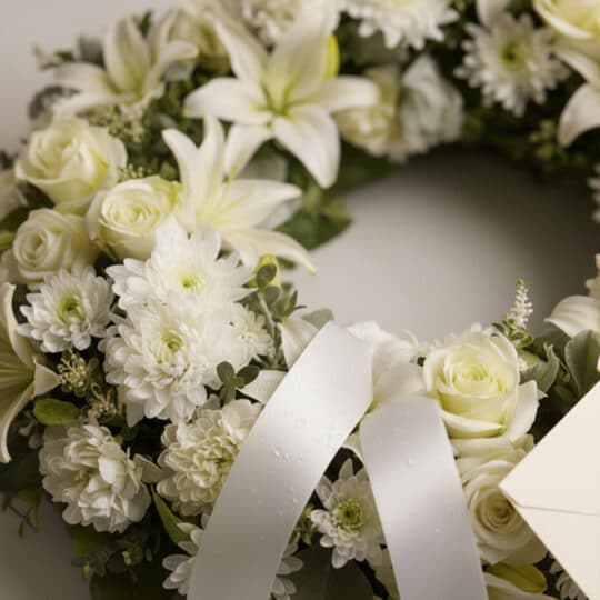 Fotografía macro premium de la Corona Fúnebre Solemne Homenaje Joshua, con texturas hiperrealistas de pétalos blancos y folla