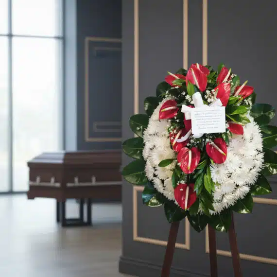 Corona fúnebre Trinidad con anthuriums rojos y crisantemos blancos en sala de velación moderna, ataúd desenfocado al fondo.