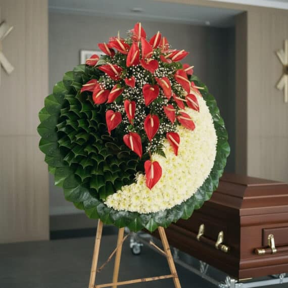 Corona fúnebre 'A Tu Memoria' con anthuriums rojos y crisantemos blancos, diseño de luna creciente, en sala de velación moder