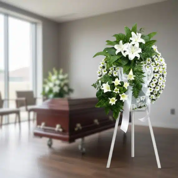 Corona de flores funeraria "El Vuelo de Uriel" con lirios blancos y margaritas en sala de velación moderna, con ataúd de fond