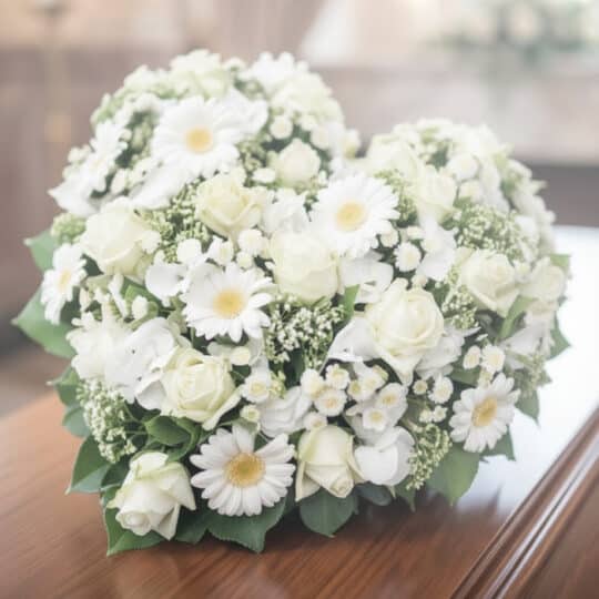 Primer plano de un cubre caja fúnebre con rosas blancas, lirios y claveles, con iluminación celestial y etérea, transmitiendo