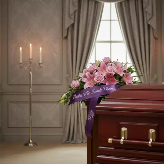Cubre caja fúnebre Lino con rosas y lirios rosados, cinta morada con 'Nuestro Más Sentido Pésame' sobre un ataúd de madera en