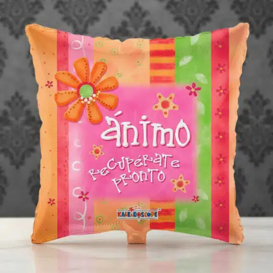 Globo metalizado cuadrado con diseño vibrante y mensaje 'Ánimo Recupérate Pronto', ideal para regalar y levantar el ánimo.