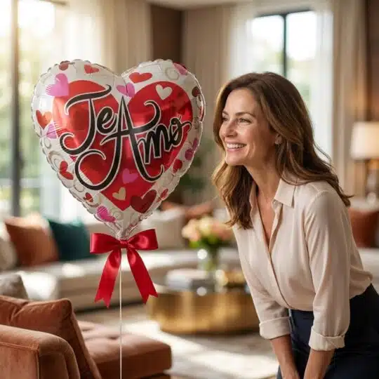 Mujer sonriente admirando un globo metalizado de corazón rojo con la frase 'Te Amo' y un moño rojo, en un lujoso interior de
