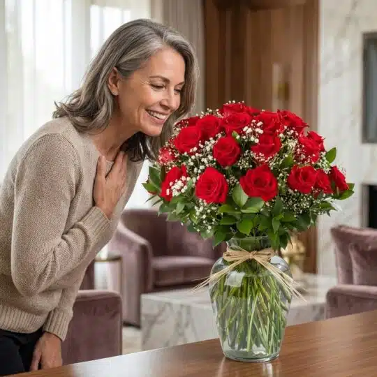 Mujer elegante de mediana edad admirando un jarrón de cristal con 24 rosas rojas frescas y follaje verde, atado con un lazo d
