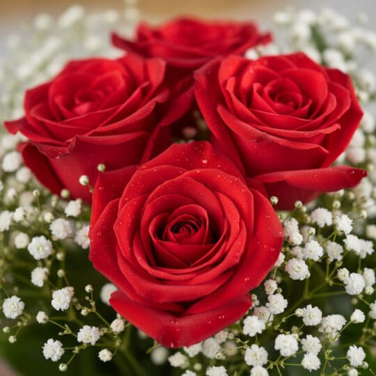 Primer plano extremo de un jarrón con 24 rosas rojas, mostrando texturas hiperrealistas, sutiles gotas de rocío y colores vib