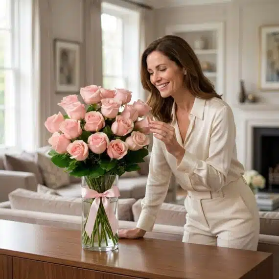 Mujer elegante sonriendo y admirando un jarrón de cristal con un gran ramo de rosas rosadas frescas, atado con un lazo rosa,