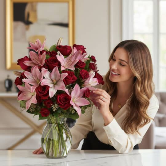 Mujer elegante admirando el Jarron Floral Nabila, un ramo majestuoso de 24 rosas rojas y lirios rosados en un jarrón de crist