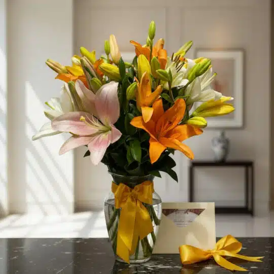 Jarrón de cristal con un vibrante ramo de lirios de varios colores (rosas, naranjas, amarillos y blancos) sobre una superfici