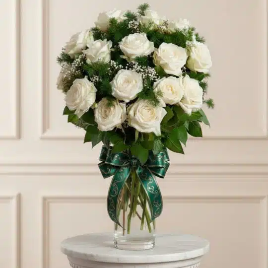 Jarrón Pétalos Blancos con un arreglo floral de rosas blancas abiertas, follaje verde y un moño verde elegante, sobre una sup