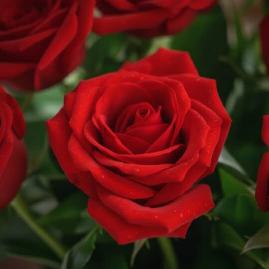 Primer plano extremo de una rosa roja vibrante con gotas de rocío sutiles, mostrando textura hiperrealista y frescura. Ideal