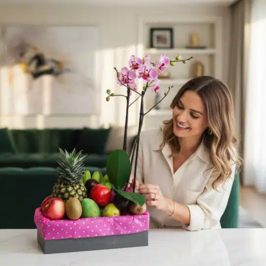 Mujer sonriente admirando el Arreglo ANTONELLO con orquídea Phalaenopsis rosa y frutas frescas como piña, manzanas y kiwis, e