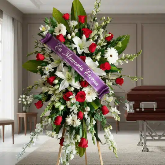 Pedestal fúnebre Adoración con rosas rojas, lirios blancos y margaritas, adornado con cinta morada 'En Memoria Eterna', junto